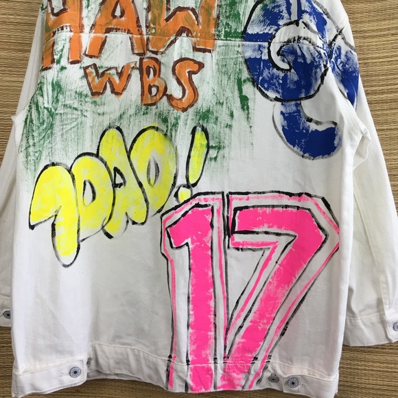 Aikha Handmade Graffiti Hand Painted Denim Jeans Jacket in White Size M/L - Picture 9 of 16